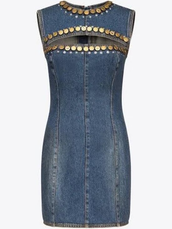 AREA Dresses & Skirts - NWT AREA Dark Blue Denim Mini Dress with Gold Jewel Trim, US 6